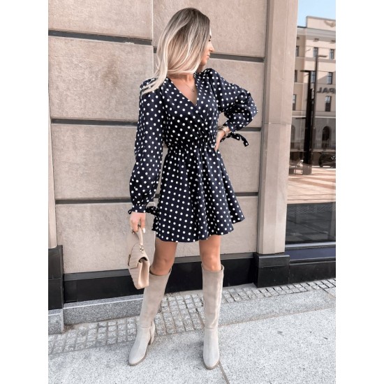 Women' S Long Sleeve Double Breasted Polka Dot Pattern Crepe Mini Dress, 11356 Women' S Long Sleeve Double Breasted Polka Dot Pattern Crepe Mini Dress, 11356