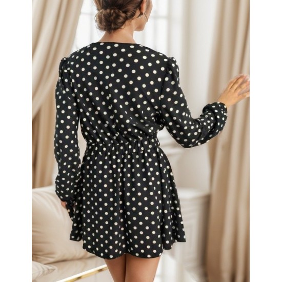 Women' S Long Sleeve Double Breasted Polka Dot Pattern Crepe Mini Dress, 11356 Women' S Long Sleeve Double Breasted Polka Dot Pattern Crepe Mini Dress, 11356