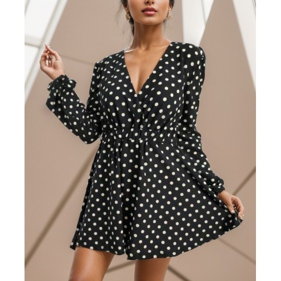Women' S Long Sleeve Double Breasted Polka Dot Pattern Crepe Mini Dress, 11356 Women' S Long Sleeve Double Breasted Polka Dot Pattern Crepe Mini Dress, 11356
