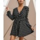 Women' S Long Sleeve Double Breasted Polka Dot Pattern Crepe Mini Dress, 11356 Women' S Long Sleeve Double Breasted Polka Dot Pattern Crepe Mini Dress, 11356