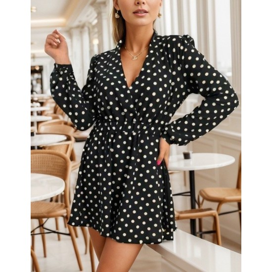 Women' S Long Sleeve Double Breasted Polka Dot Pattern Crepe Mini Dress, 11356 Women' S Long Sleeve Double Breasted Polka Dot Pattern Crepe Mini Dress, 11356