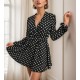 Women' S Long Sleeve Double Breasted Polka Dot Pattern Crepe Mini Dress, 11356 Women' S Long Sleeve Double Breasted Polka Dot Pattern Crepe Mini Dress, 11356