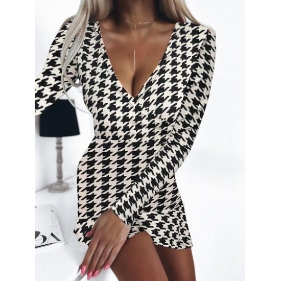 Women' S Long Sleeve Double Breasted Houndstooth Micro Mini Length Dress, 11151 Women' S Long Sleeve Double Breasted Houndstooth Micro Mini Length Dress, 11151