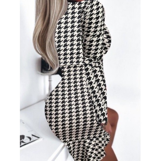 Women' S Long Sleeve Double Breasted Houndstooth Micro Mini Length Dress, 11151 Women' S Long Sleeve Double Breasted Houndstooth Micro Mini Length Dress, 11151