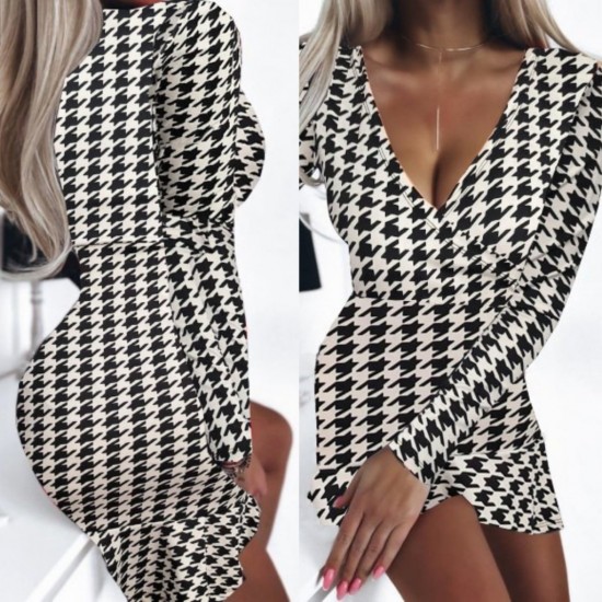 Women' S Long Sleeve Double Breasted Houndstooth Micro Mini Length Dress, 11151 Women' S Long Sleeve Double Breasted Houndstooth Micro Mini Length Dress, 11151