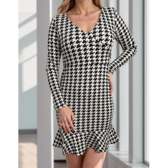 Women' S Long Sleeve Double Breasted Houndstooth Micro Mini Length Dress, 11151 Women' S Long Sleeve Double Breasted Houndstooth Micro Mini Length Dress, 11151