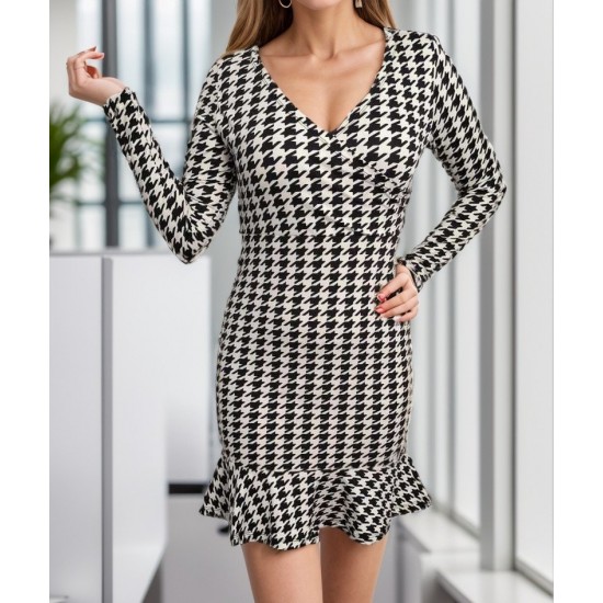 Women' S Long Sleeve Double Breasted Houndstooth Micro Mini Length Dress, 11151 Women' S Long Sleeve Double Breasted Houndstooth Micro Mini Length Dress, 11151