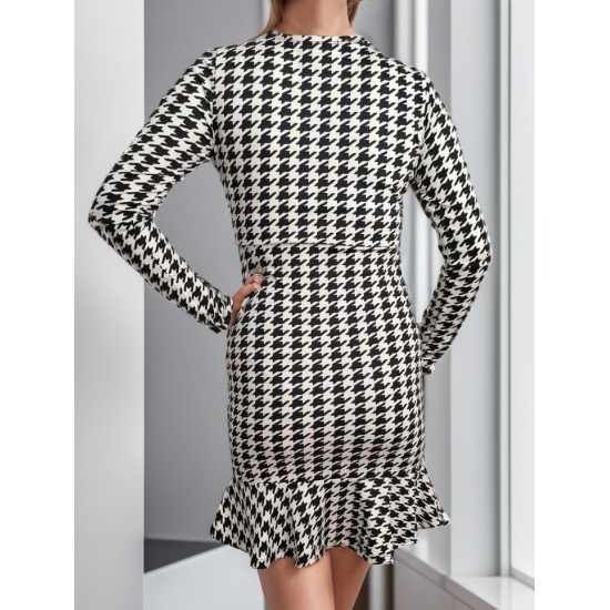 Women' S Long Sleeve Double Breasted Houndstooth Micro Mini Length Dress, 11151 Women' S Long Sleeve Double Breasted Houndstooth Micro Mini Length Dress, 11151