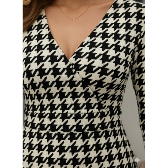 Kadın Uzun Kollu Kruvaze Yaka Kazayağı Mikro Mini Boy Elbise, 11151