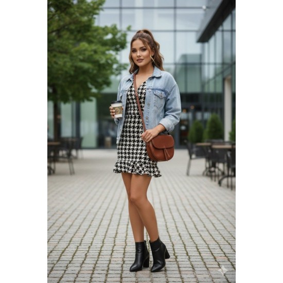 Kadın Uzun Kollu Kruvaze Yaka Kazayağı Mikro Mini Boy Elbise, 11151