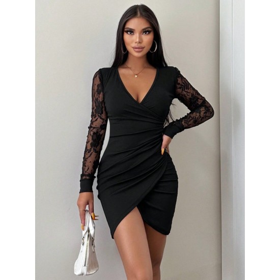 Women' S Long Sleeve Double Breasted Neckline Waist Button Detail Crepe Dress, 10174 Women' S Long Sleeve Double Breasted Neckline Waist Button Detail Crepe Dress, 10174