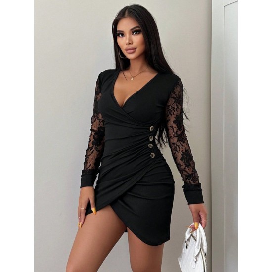 Women' S Long Sleeve Double Breasted Neckline Waist Button Detail Crepe Dress, 10174 Women' S Long Sleeve Double Breasted Neckline Waist Button Detail Crepe Dress, 10174