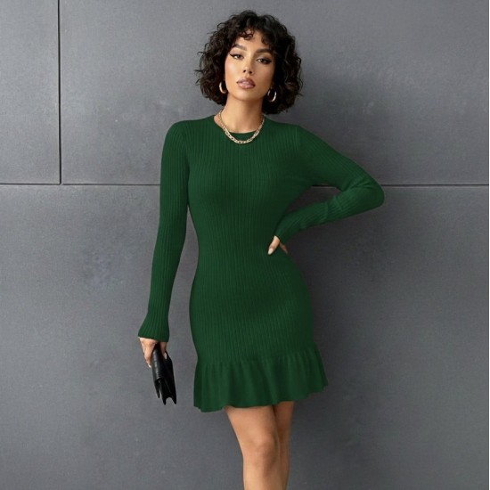 Kadın Bisiklet Yaka Uzun Kol Etek Ucu Fırfırlı Triko (polyenit) Mini Boy Elbise, 10107