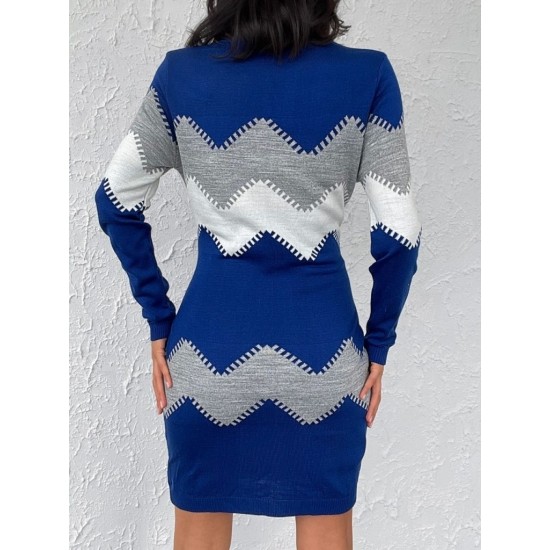 Kadın Uzun Kollu Zigzag Desen Triko Elbise, 9574 Kadın Uzun Kollu Zigzag Desen Triko Elbise, 9574