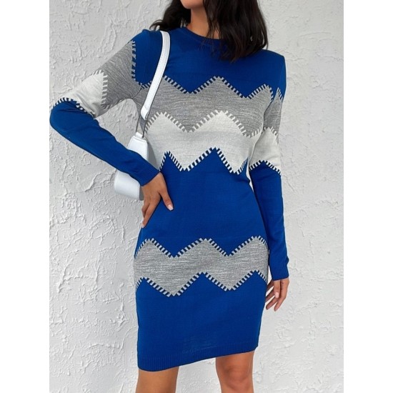 Kadın Uzun Kollu Zigzag Desen Triko Elbise, 9574 Kadın Uzun Kollu Zigzag Desen Triko Elbise, 9574
