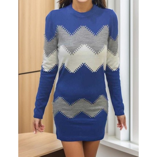 Kadın Uzun Kollu Zigzag Desen Triko Elbise, 9574 Kadın Uzun Kollu Zigzag Desen Triko Elbise, 9574