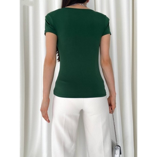 Kadın Vatkalı Omuzlar Pileli Kısa Kol Sandy Kumaş Bluz, 9486