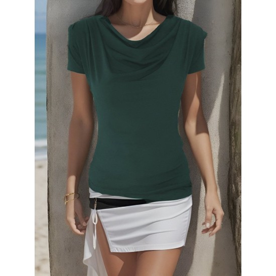 Kadın Vatkalı Omuzlar Pileli Kısa Kol Sandy Kumaş Bluz, 9486