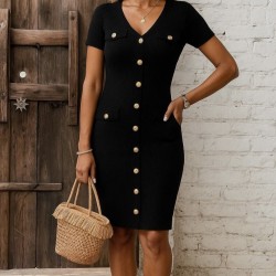 Kadın Kısa Kollu Düğmeli Cep Detay V Yaka Triko Elbise, 8985