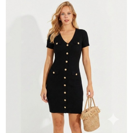 Kadın Kısa Kollu Düğmeli Cep Detay V Yaka Triko Elbise, 8985
