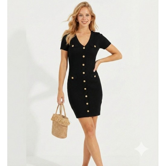 Kadın Kısa Kollu Düğmeli Cep Detay V Yaka Triko Elbise, 8985