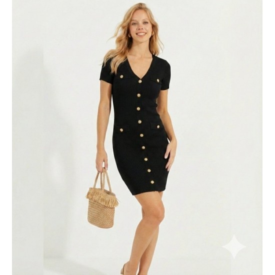 Kadın Kısa Kollu Düğmeli Cep Detay V Yaka Triko Elbise, 8985