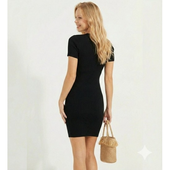 Kadın Kısa Kollu Düğmeli Cep Detay V Yaka Triko Elbise, 8985