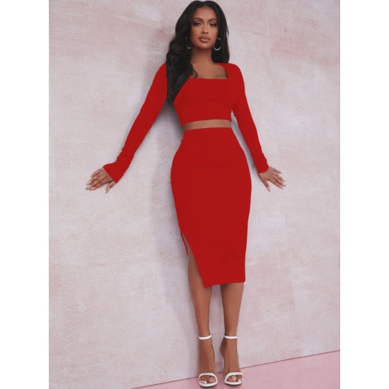 Women' S Long Sleeve Camisole Crop And Skirt Set, 8321 Women' S Long Sleeve Camisole Crop And Skirt Set, 8321