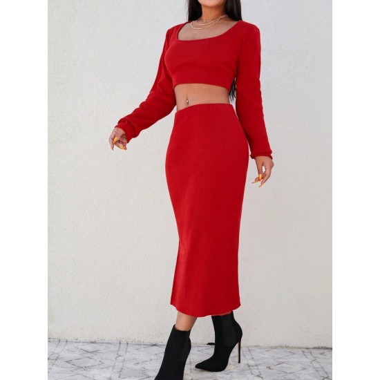 Women' S Long Sleeve Camisole Crop And Skirt Set, 8321 Women' S Long Sleeve Camisole Crop And Skirt Set, 8321