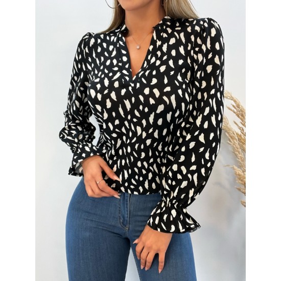 Kadın Uzun Kollu Baskılı Hakim Yaka Helen Kumaş Bluz, 7218