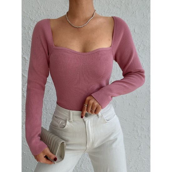 Women' S Pink Low-cut Square Neck Knit Blouse , 4617 Women' S Pink Low-cut Square Neck Knit Blouse , 4617