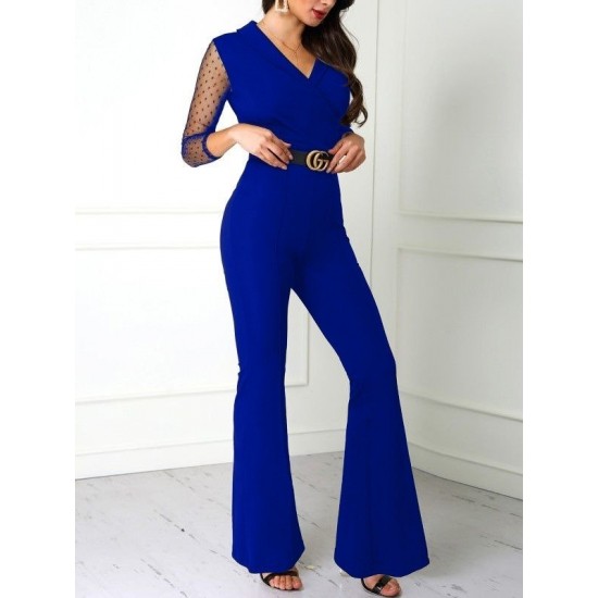 Kadın Kruvaze Yaka Tül Kol Detaylı Krep Kumaş Ispanyol Paça Tulum (kemersiz), 10061