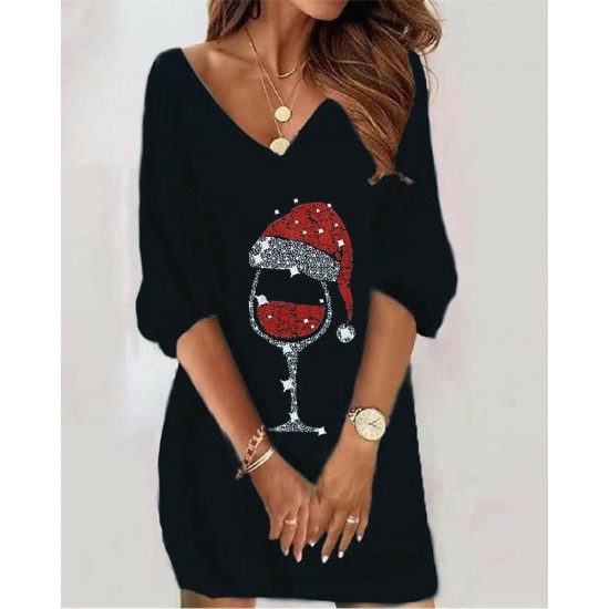 Women' S Long Sleeve V-neck Printed Diving Fabric Dress , 9625