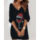Women' S Long Sleeve V-neck Printed Diving Fabric Dress , 9625