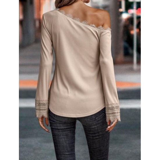 Women' S Long Sleeve Off Shoulder Collar And Sleeve Guipure Detail Crepe Fabric Blouse, 13467 Women' S Long Sleeve Off Shoulder Collar And Sleeve Guipure Detail Crepe Fabric Blouse, 13467