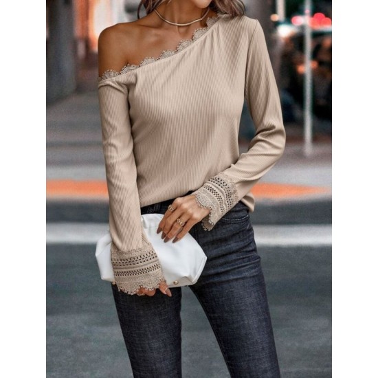 Women' S Long Sleeve Off Shoulder Collar And Sleeve Guipure Detail Crepe Fabric Blouse, 13467 Women' S Long Sleeve Off Shoulder Collar And Sleeve Guipure Detail Crepe Fabric Blouse, 13467