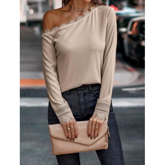 Women' S Long Sleeve Off Shoulder Collar And Sleeve Guipure Detail Crepe Fabric Blouse, 13467 Women' S Long Sleeve Off Shoulder Collar And Sleeve Guipure Detail Crepe Fabric Blouse, 13467
