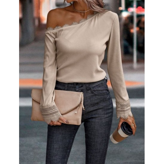 Women' S Long Sleeve Off Shoulder Collar And Sleeve Guipure Detail Crepe Fabric Blouse, 13467 Women' S Long Sleeve Off Shoulder Collar And Sleeve Guipure Detail Crepe Fabric Blouse, 13467