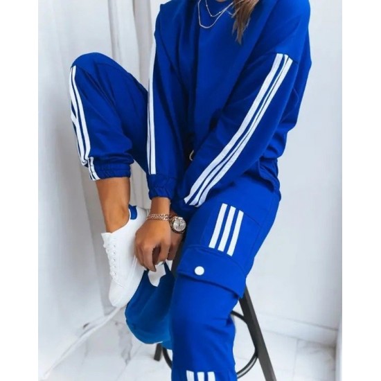 Women' S Long Sleeve White Stripe Detail Cargo Pocket Two Thread Two Piece Suit , 13740 Women' S Long Sleeve White Stripe Detail Cargo Pocket Two Thread Two Piece Suit , 13740