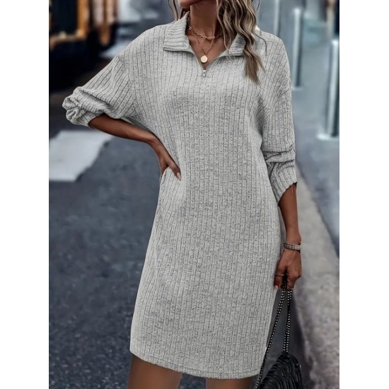Kadın Uzun Kollu Polo Yaka Fermuar Detaylı şardonlu Kaşkorse Mini Boy Elbise , 13958