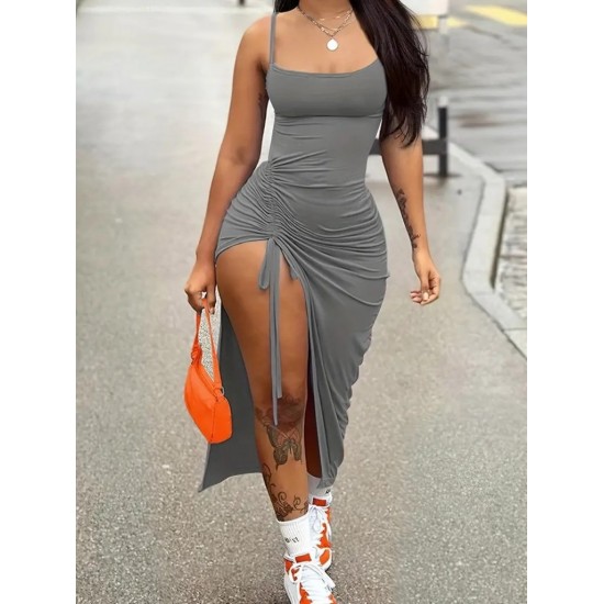 Women' S Sleeveless Rope Strap Side Gather Long Viscose Dress , 14368 Women' S Sleeveless Rope Strap Side Gather Long Viscose Dress , 14368