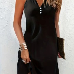 Kadın Kolsuz V Yaka Düğme Detay Viskon Elbise , 14630