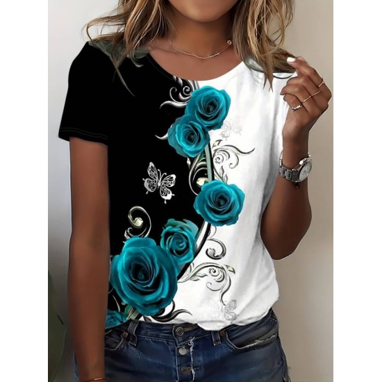Kadın Kısa Kollu Gül Baskı Süprem T-shirt, 14846