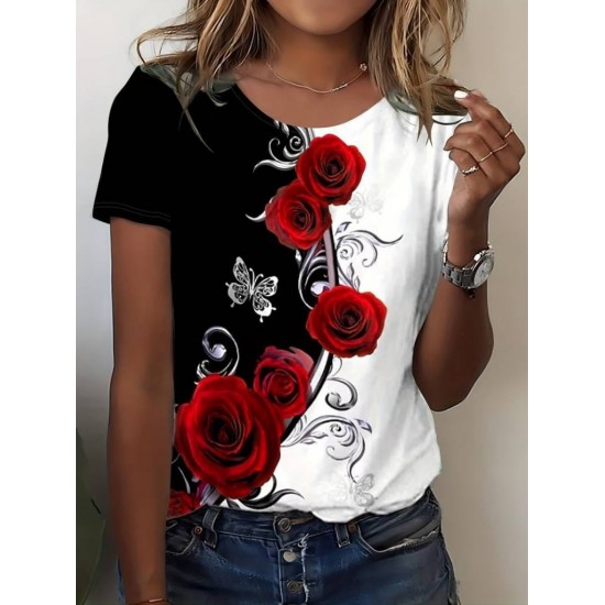 Kadın Kısa Kollu Gül Baskı Süprem T-shirt, 14843