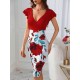 Kadın Kısa Kollu üstü Kırmızı Viskon Altı çiçek Baskılı Dalgıç Mini Elbise, 15218
