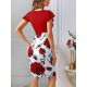 Kadın Kısa Kollu üstü Kırmızı Viskon Altı çiçek Baskılı Dalgıç Mini Elbise, 15218