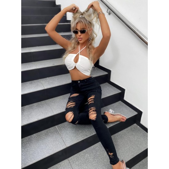 Kadın Yüksek Bel Slim Fit Lazer Kesim Yırtık Pantolon , 15325 Kadın Yüksek Bel Slim Fit Lazer Kesim Yırtık Pantolon , 15325