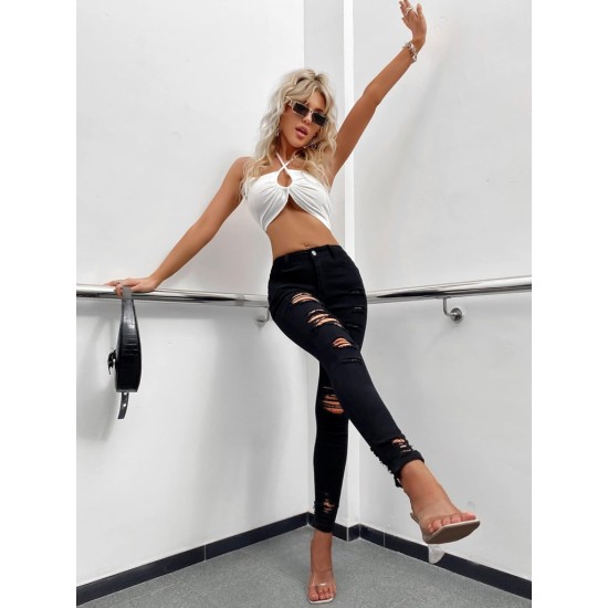 Kadın Yüksek Bel Slim Fit Lazer Kesim Yırtık Pantolon , 15325 Kadın Yüksek Bel Slim Fit Lazer Kesim Yırtık Pantolon , 15325