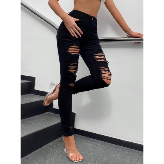 Kadın Yüksek Bel Slim Fit Lazer Kesim Yırtık Pantolon , 15325 Kadın Yüksek Bel Slim Fit Lazer Kesim Yırtık Pantolon , 15325