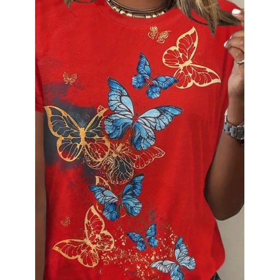 Kadın Kısa Kollu Mavi Sarı Kelebek Baskı Süprem T-shirt , 14847